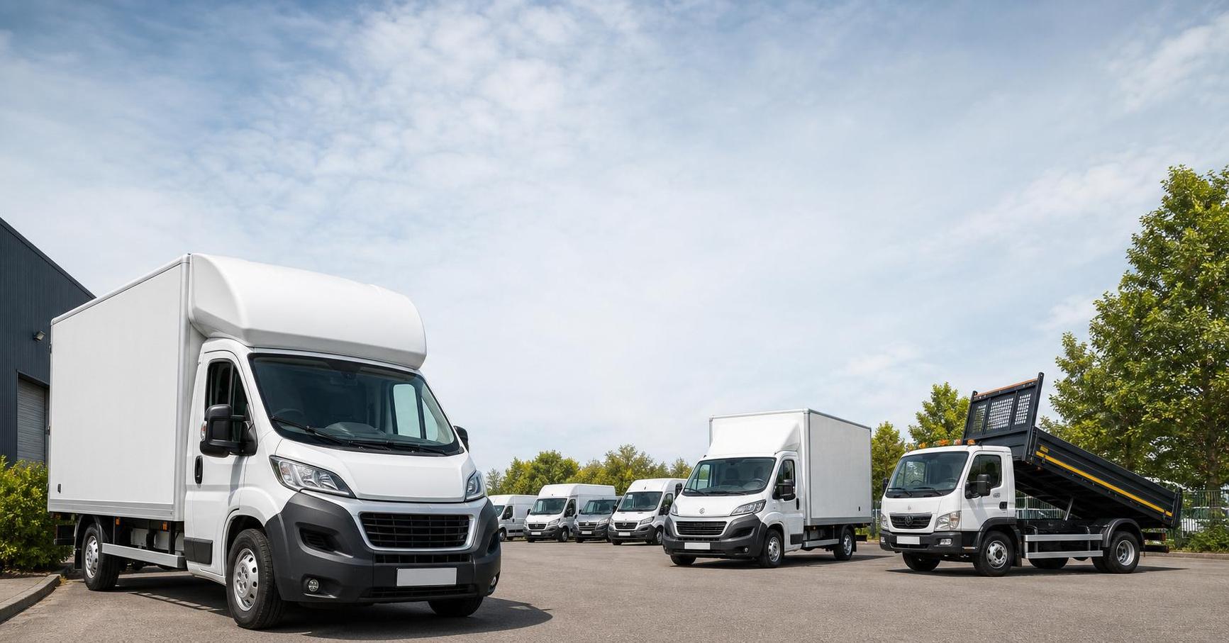 Clean vehicle hire fleet led by a Luton van on a forecourt near Kidderminster